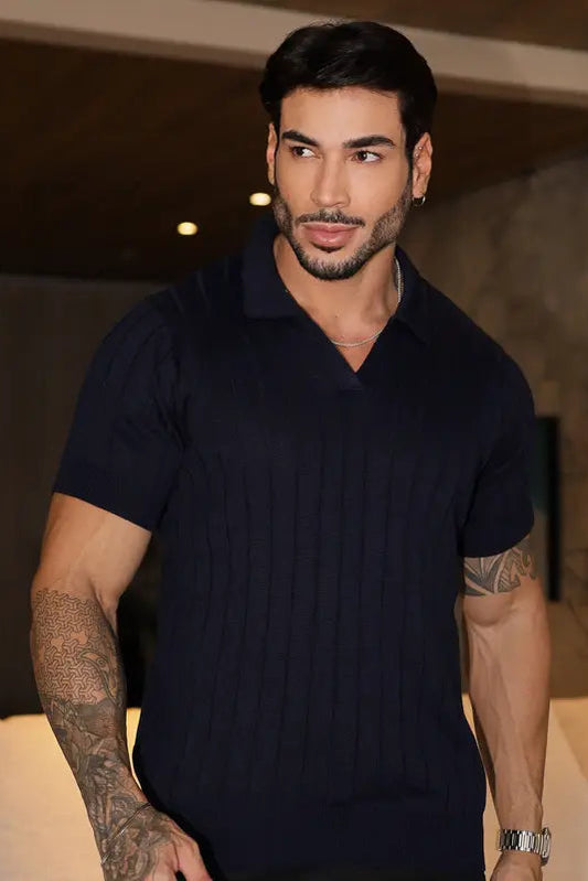 Suéter Tricot Masculino Gola Polo - Elegância Texturizada Premium