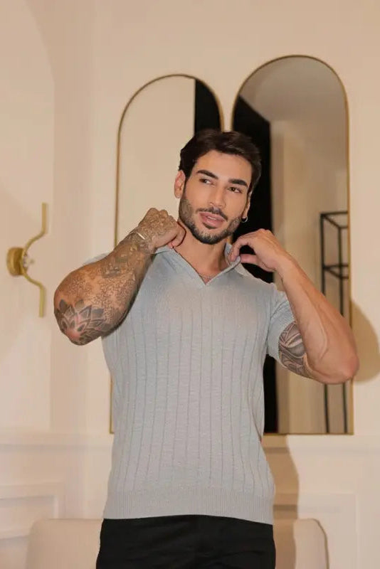 Suéter Tricot Masculino Gola Polo - Elegância Texturizada Premium